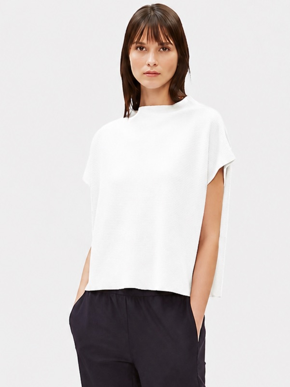 EILEEN FISHER XXS XS S $248 Organic Linen Cotton Funnel Neck Top in White